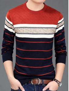 Orange Round Neck Long Sleeve Patchwork T-Shirt