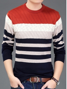 Orange Round Neck Striped Printed T-Shirt