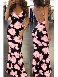 Pink S-XXL Floral Print Sleeveless Long Dress