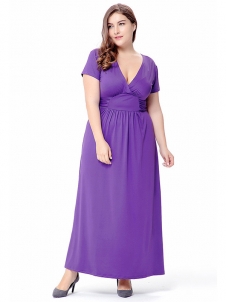 Purple Sexy V Neck Short Sleeve Plus Size Dress