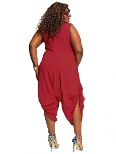 Red Heaps Collar Ruched Plus Size Jumpsuit