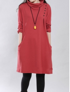 Red M-XXL Long Sleeve Casual Dress