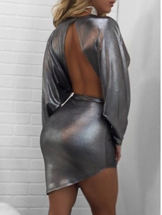 Silver Deep V Neck Back Hollow-out Mini Dress