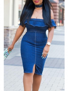 Stylish Dew Shoulder Falbala Design Blue Denim Dress