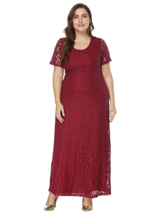 Wine Red Floral Printed Chiffon Plus Size Dress