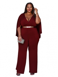 Wine Red L-3XL Sexy V Neck Plus Size Jumpsuit 