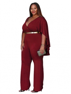 Wine Red L-3XL Sexy V Neck Plus Size Jumpsuit 