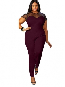 Wine Red Mesh Short Sleeve Plus Size Jumpsuit