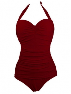 Wine Red One Piece Halter Slim Fit Swimsuit