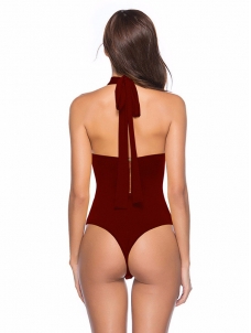 Wine Red S-XL Sleeveless Solid Skinny Bodysuit