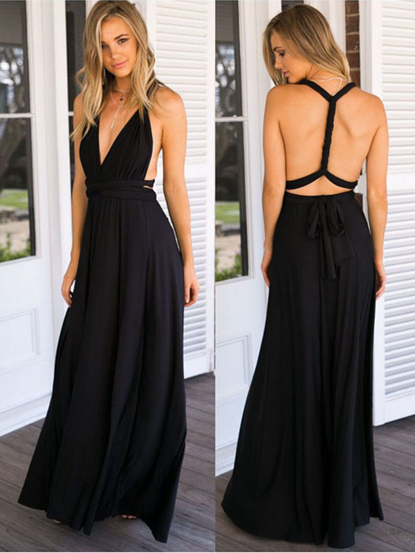 Black Sleeveless  Backless V-Neck Maxi Evening Dress