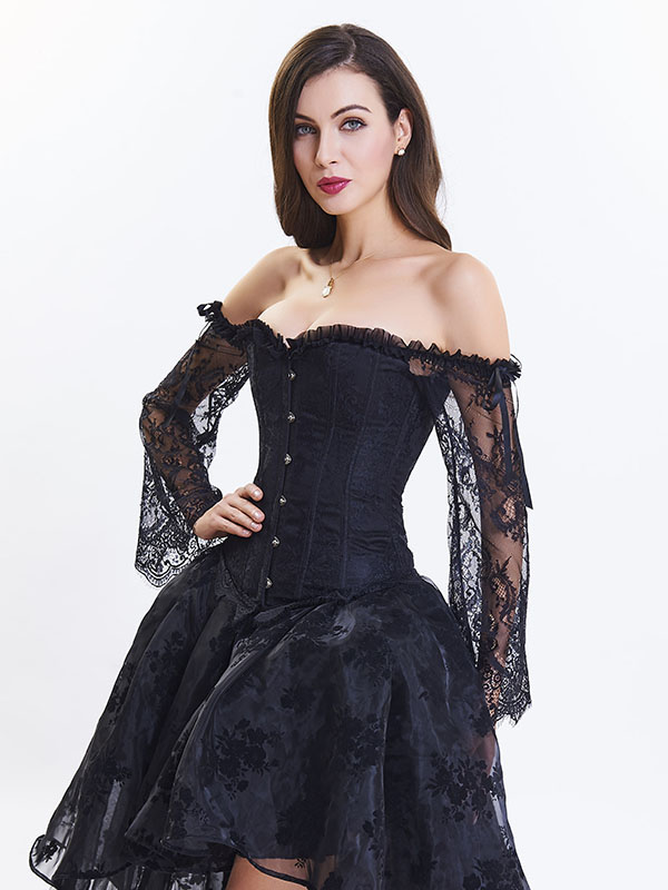 Black Victorian Lace Flare Long Sleeve  Bridal Corset Overbust