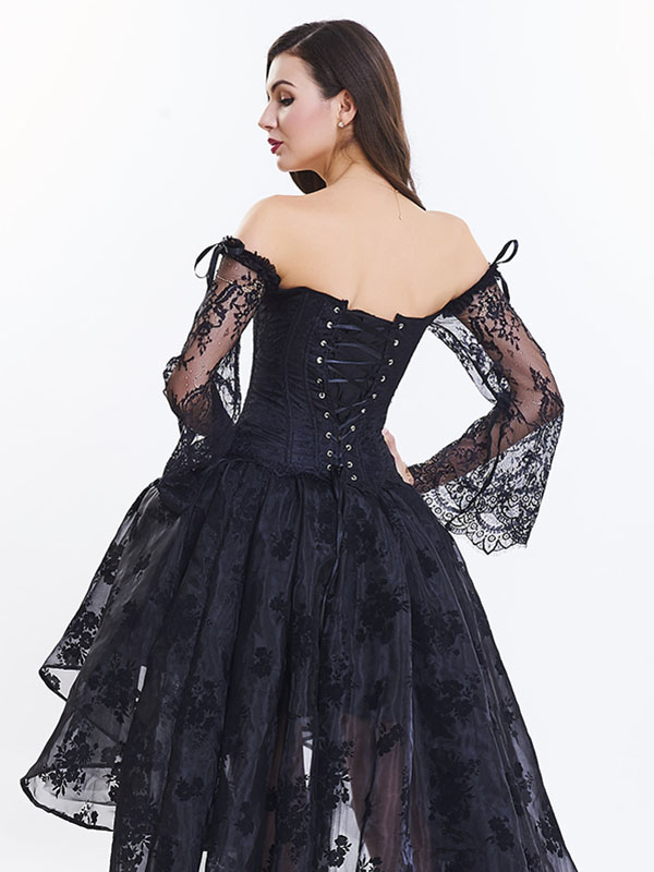 Black Victorian Lace Flare Long Sleeve  Bridal Corset Overbust