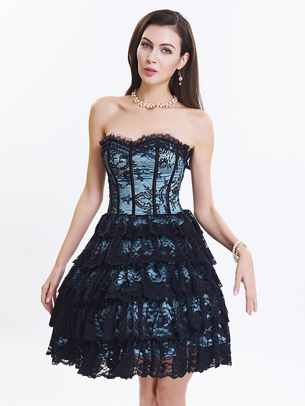 Blue Sexy Strapless Lace Corset Dress for Women