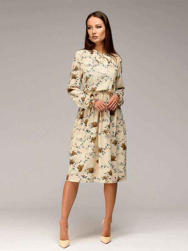Khaki Polyester Summer Floral Print Casual Dress 