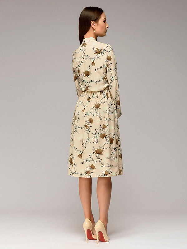 Khaki Polyester Summer Floral Print Casual Dress 
