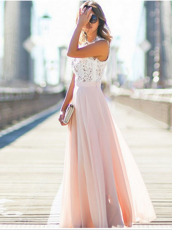 Pink Elegant Lace Summer Sleeveless  Maxi Evening Dress 