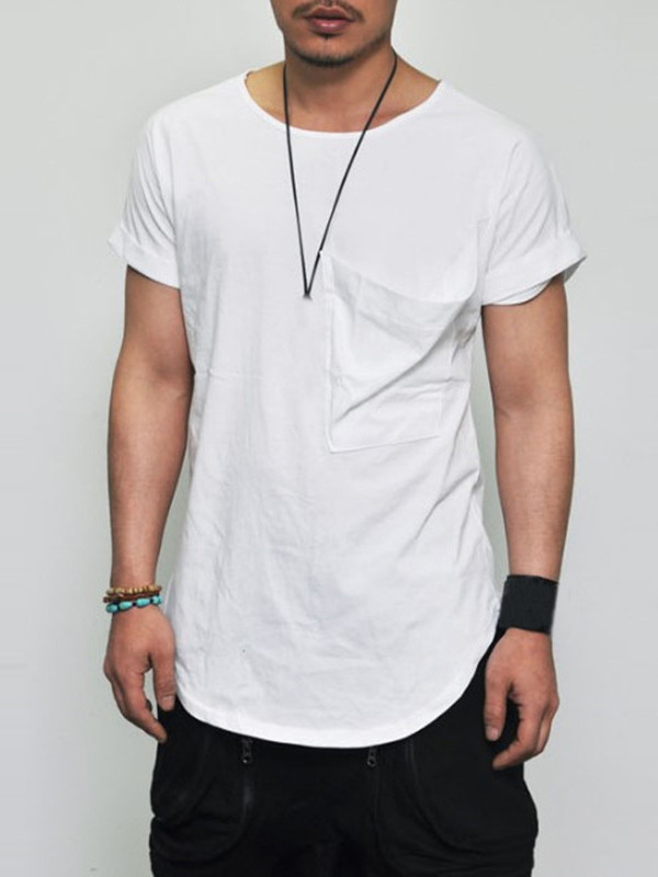 White Loose Big Pocket Folded Sleeved T-shirt