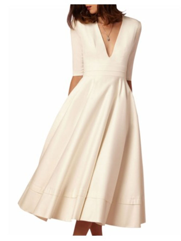 Wmen V-neck Half Sleeves A-line Dress White