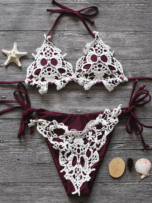 Women Sexy Halter Neck Bikini Sets Swimwear Wine Red