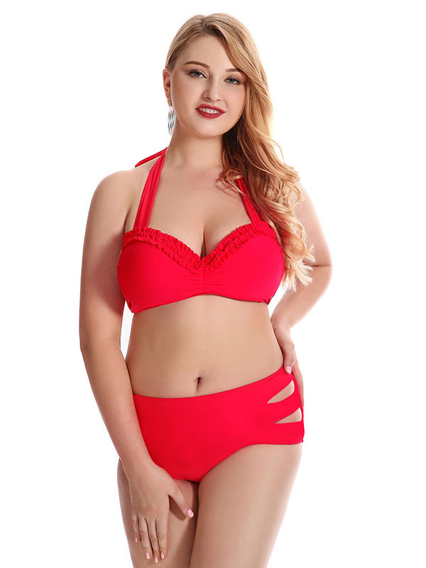 Women Tankinis Set Swimsuit Halter Swimwear Red