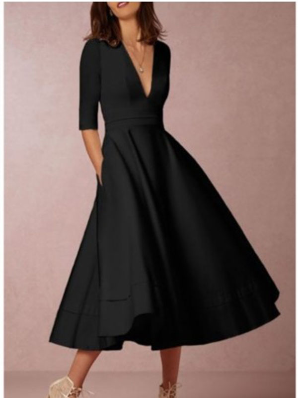 Women V-neck Half Sleeves A-line Dress Black