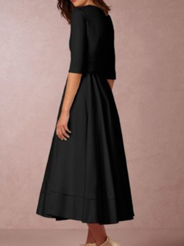 Women V-neck Half Sleeves A-line Dress Black