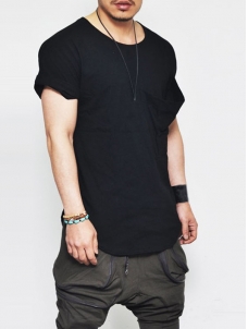 Black Loose Big Pocket Folded Sleeved T-shirt