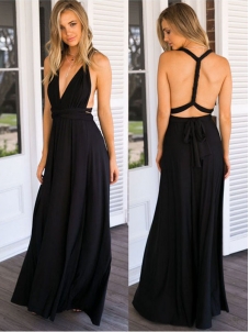 Black Sleeveless  Backless V-Neck Maxi Evening Dress