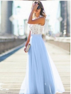 Light Blue Elegant Lace Summer Sleeveless  Maxi Evening Dress
