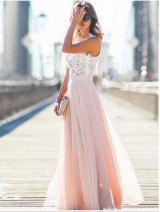 Pink Elegant Lace Summer Sleeveless  Maxi Evening Dress 