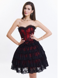 Red Sexy Strapless Lace Corset Dress for Women 