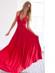 Red Sleeveless  Backless V-Neck Maxi Evening Dress