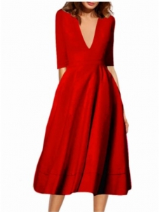 Wmen V-neck Half Sleeves A-line Dress Red