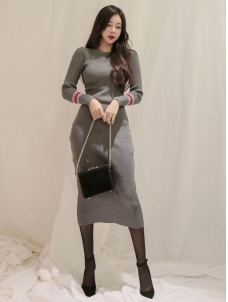 Women Elegant Long Sleeve Mid Calf Dress Gray