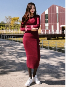 Women Elegant Long Sleeve Mid Calf Dress Red