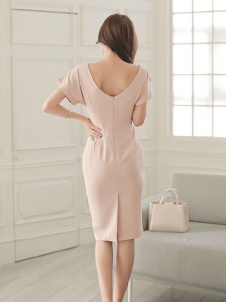 Women Elegant Pale Pink Short Sleeve Pencil Silhouette Dress 