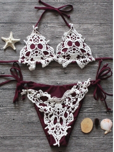 Women Sexy Halter Neck Bikini Sets Swimwear Wine Red