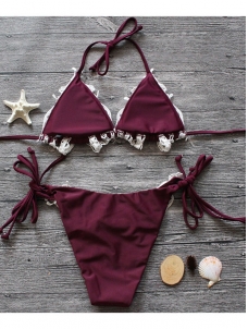 Women Sexy Halter Neck Bikini Sets Swimwear Wine Red