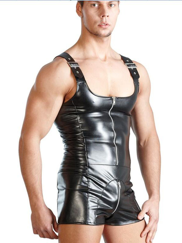 Men Sexy Sleeveless Leather Zipper Bodysuit 