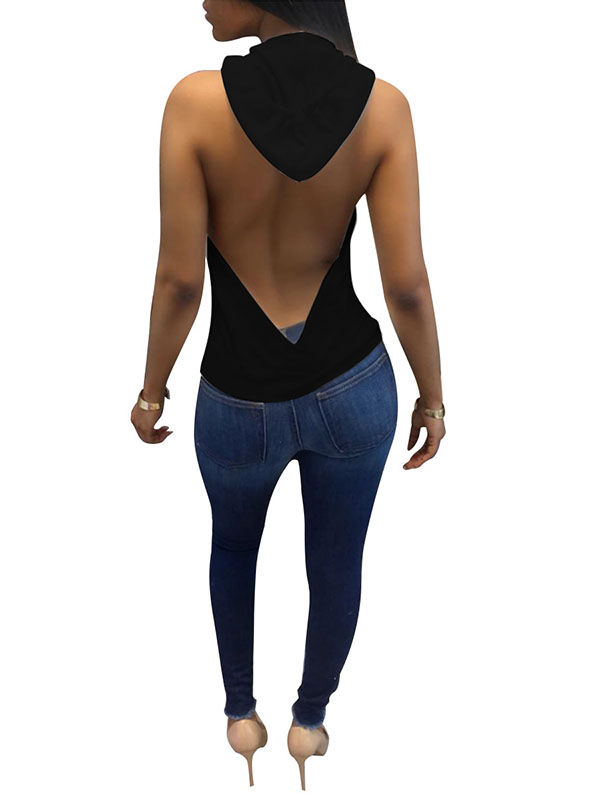 Black Backless Hooded Ladies Sexy Tank Tops 