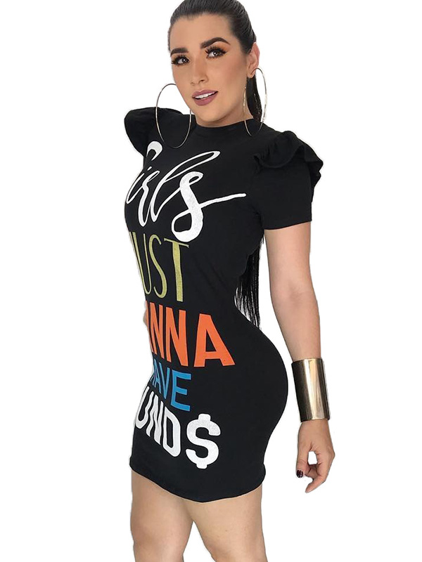 Black Casual Round Neck Letters Printed  Mini Dress