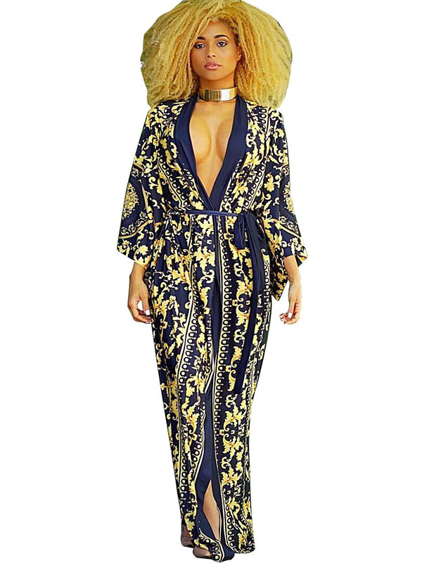 Boho 2 Pieces Set Strapless Halter Jumpsuit+ Long Vintage Printed Cardigan 