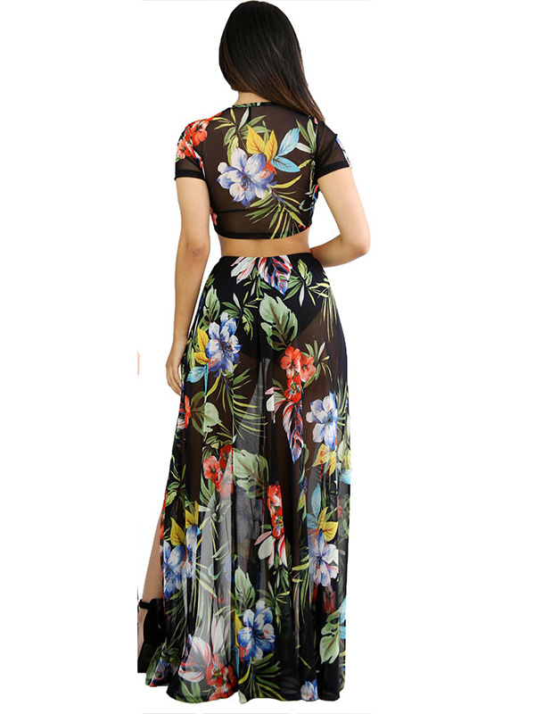 Cap Sleeve Tropical Crop Top & Flora Black l Print Maxi Skirt