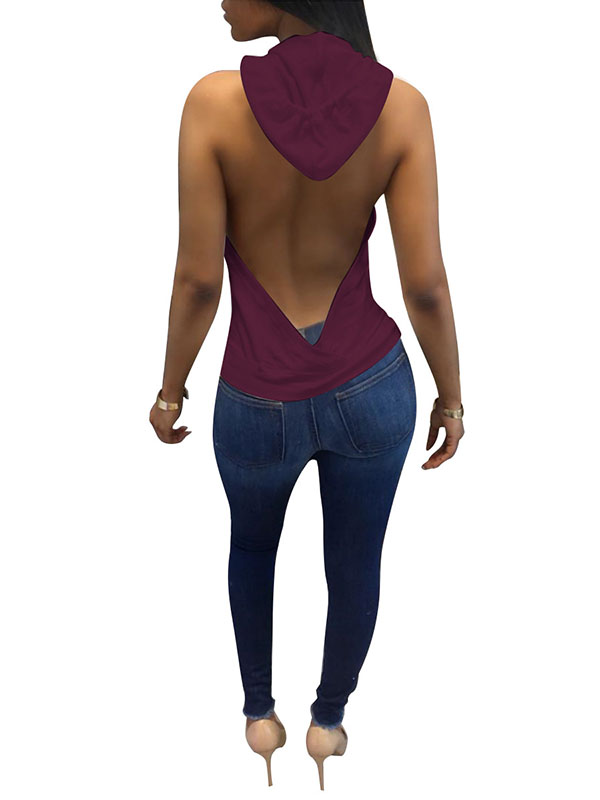 Jujube Red Backless Hooded Ladies Sexy Tank Tops 