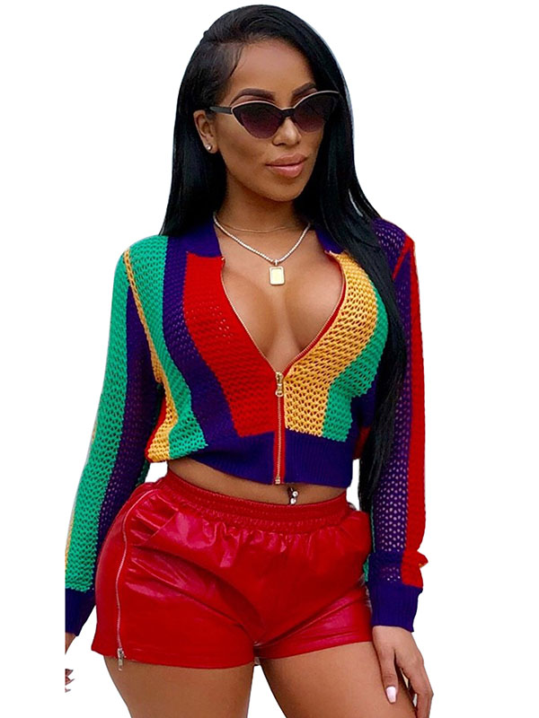 Mesh Jacket Women Fashion Rainbow Print Cardigan with Zipper