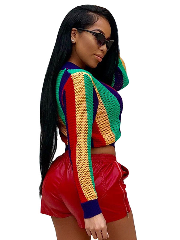 Mesh Jacket Women Fashion Rainbow Print Cardigan with Zipper