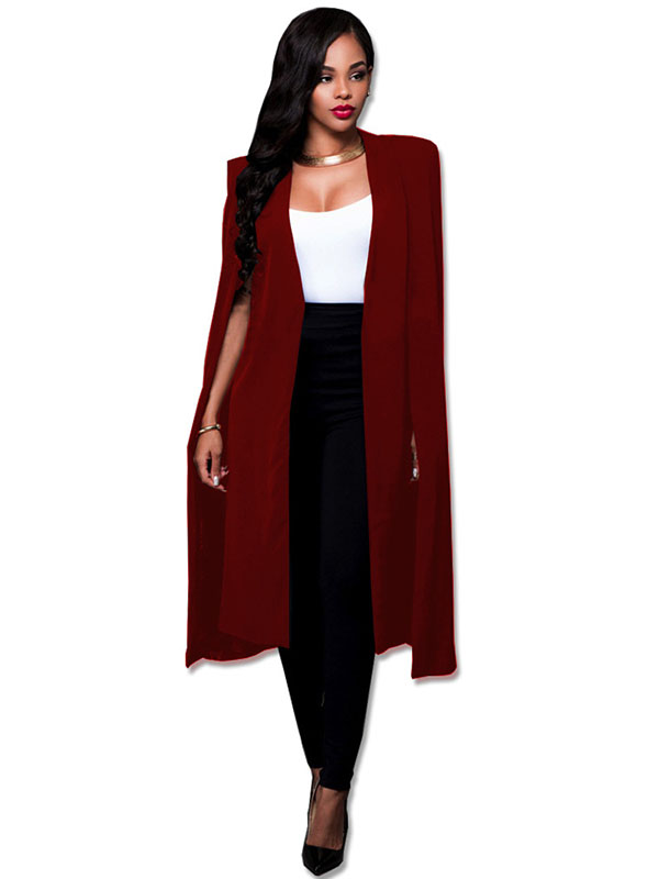 Office Lady Wine Red  Cloak Cape Long Blazer Coat 