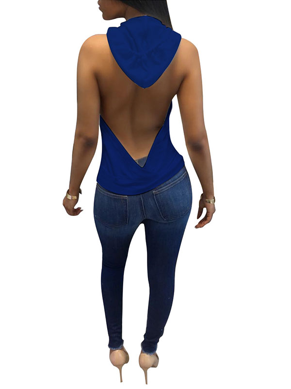 Royal Blue Backless Hooded Ladies Sexy Tank Tops 