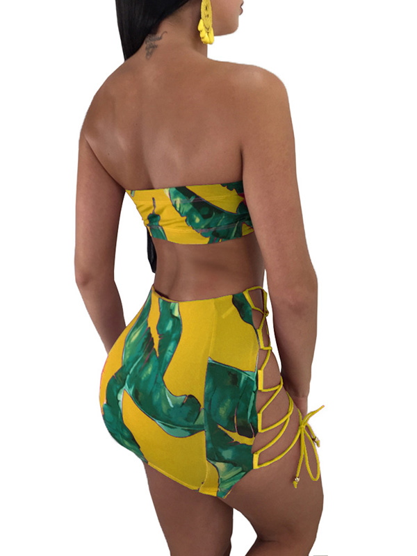 Two Piece Yellow Print  Dress Women Bow Tie Strapless Backless Sheath